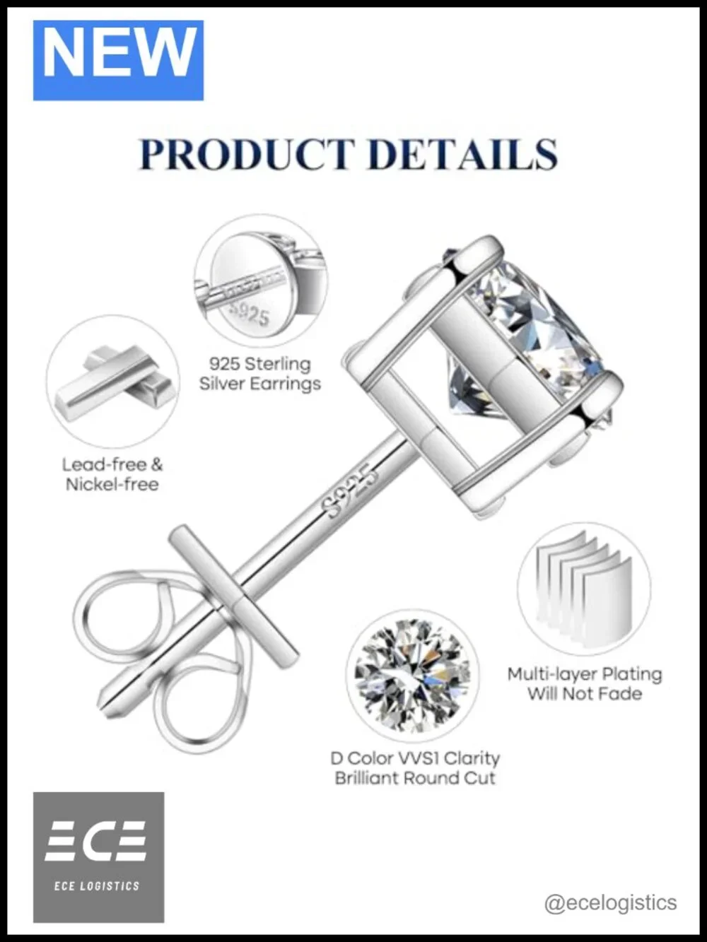 Moissanite Stud Earrings White Gold Plated 925 Sterling Silver D Color